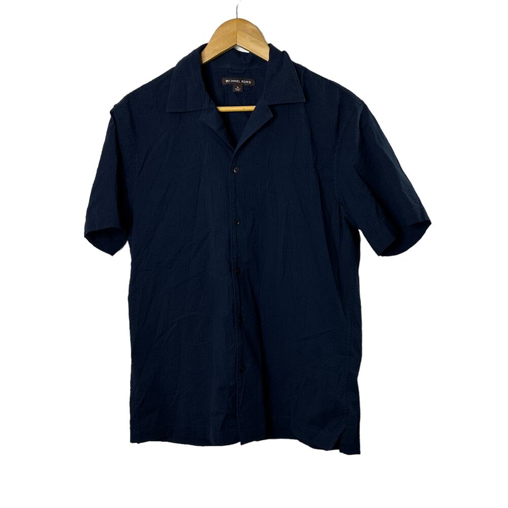 Michael Kors Midnight Navy Blue Textured Short Sleeve Button Down Shirt Medium
